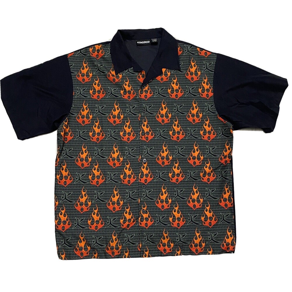 Odo Men's XL Flame Shirt Black Short Sleeve Stitch Vintage 90’s Y2K Button Down